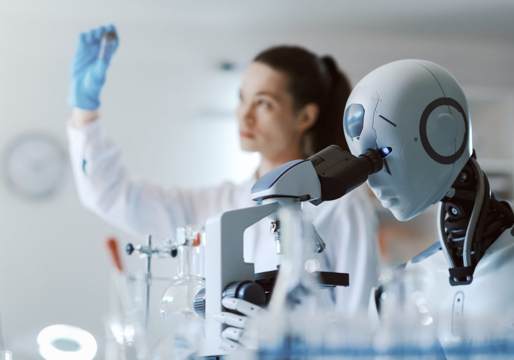 Female scientist and AI robot working together in the science lab